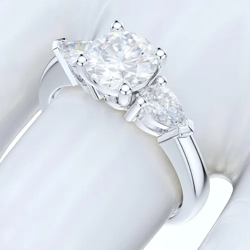Vista 5 de Sterling Silver Three Stone 1CT Simulated Round Cut And Pearl Shape Diamond or Moissanite Promise Engagement Ring