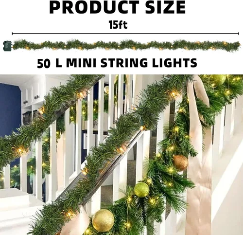Vista 2 de Dazzle Bright Guirnalda de Navidad artificial de 15 pies, 50 luces LED preiluminadas, funciona con pilas, decoración de Navidad iluminada