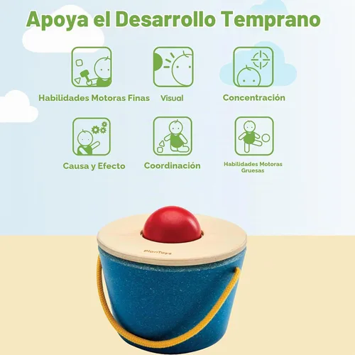 Vista 4 de PlanToys® Pop N Drop Bucket Objeto de Madera Permanencia Juguete para Bebés Cubo Pop 'N' Drop