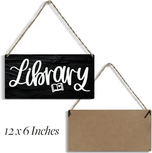 Vista 2 de Letrero retro de la biblioteca de madera, arte de pared para el hogar, casa de campo, decoración colgante rústica divertida para amante