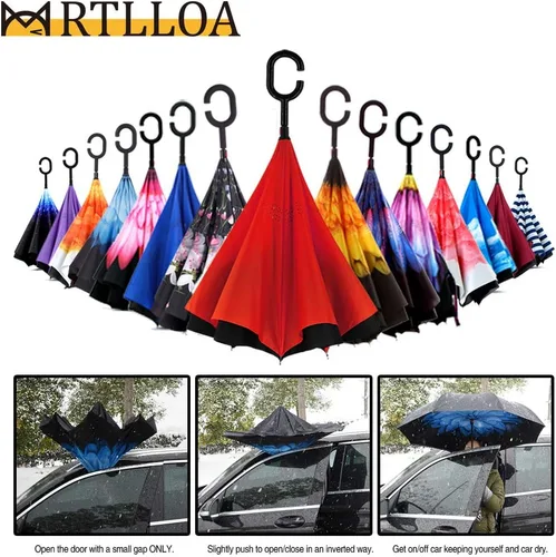 Vista 174 de MRTLLOA - Paraguas invertido de gran tamaño de 40/49/56 pulgadas - Sombrilla doble capa resistente al viento, con mango en forma de C y tamaño golf
