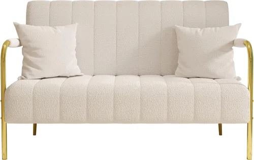 Vista 5 de anwickjeff Sofá biplaza moderno de 59 pulgadas, cómodo sofá de forro polar de peluche con 2 almohadas y patas de metal, mini sofá tapizado de 2 Beige