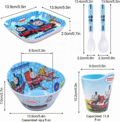 Vista 6 de Thomas Transport Fans - Juego de 5 piezas de vajilla duradera de dibujos animados, platos de comida a la hora de la comida, juego de alimentación