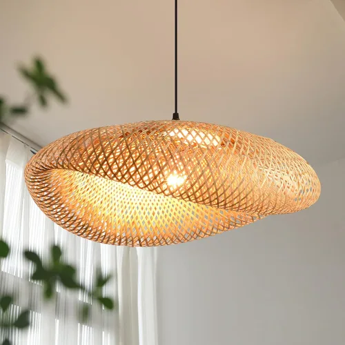 Vista 10 de lámpara colgante de bambú de 19.7 pulgadas estilo granja con enrejado de ratán para comedor, luces boho, accesorio de iluminación para isla