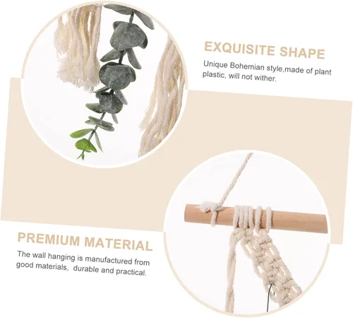 Vista 7 de DECHOUS Tapiz de algodón de macramé, 1 juego, tapiz de algodón, guirnalda verde, decoración de madera, beige, escultura de boda, macramé para colgar