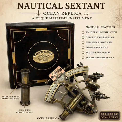 Vista 4 de J. Scott London Brass Sextant - Instrumento de navegación náutica antiguo antiguo antiguo con caja de exhibición de madera dura, decoración
