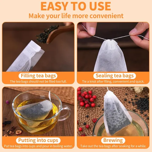 Vista 4 de Paquete de 100 bolsas de filtro de té desechables, infusores de té de 4 x 6 pulgadas, filtro de muselina vacía con cordón, bolsas de té con cordón