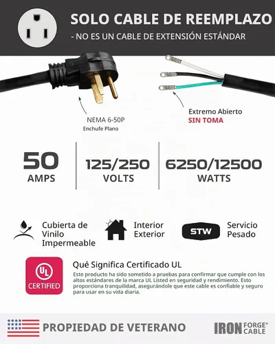 Vista 2 de Iron Forge Cable Soldador y cargador EV, 3 pies - NEMA 6-50, 50 amperios