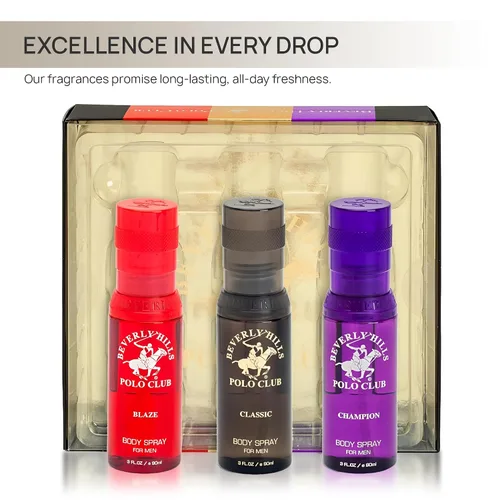 Vista 2 de Beverly Hills Polo Club Set de regalo de spray corporal de lujo para hombre, 3 aromas de colonia de diseñador de 3 x 3 onzas para una frescura