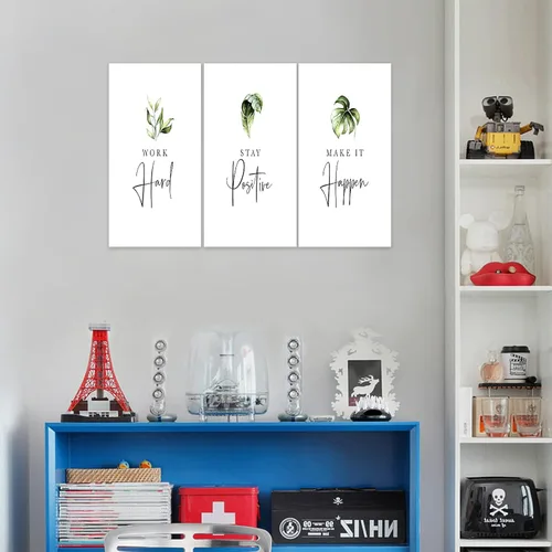 Vista 3 de Arte de pared inspirador de 3 piezas, imagen de refranes de plantas blancas, citas de trabajo y estadía, impresiones en lienzo para decoración