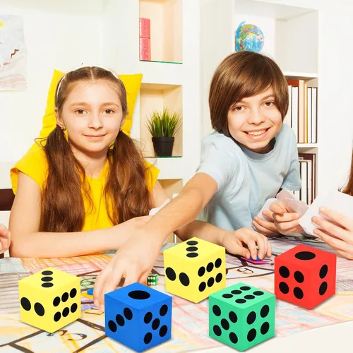 Vista 5 de Meooeck Paquete de 18 dados grandes de espuma de 2.48 pulgadas, coloridos dados jumbo con bolsa de almacenamiento para actividades educativas