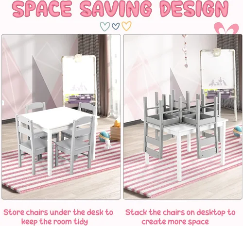 Vista 5 de Costzon Juego de Mesa y Sillas para Niños, Mesa de Actividades de Madera de 5 Piezas y Sillas para Artes, Manualidades, Tareas, Hora de Merienda