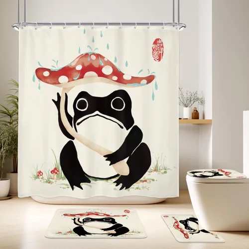 Vista 29 de Juego Divertido de Cortina de Rana Retro para Ducha, Juego de Baño 48x71 Pulgadas, Estilo Asiático Lindo, Arte Japonés Tradicional de Pato de Goma