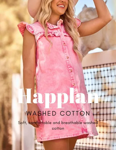 Vista 4 de happlan Vestido de mezclilla con botones y cuello de loto desgastado para mujer