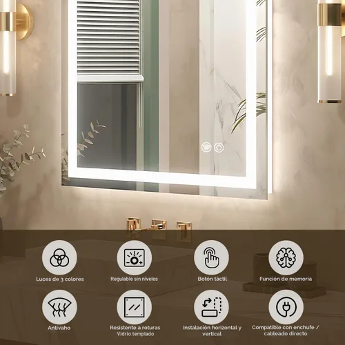 Vista 2 de Espejo de tocador LED de 24 x 36 para baño, espejo LED frontal y retroiluminado para baño con 3 luces de color, espejo de tocador de pared