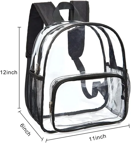Vista 4 de Mini mochila transparente aprobada para estadios, mochila transparente resistente para conciertos, viajes de seguridad y estadio, Negro Pocket, M