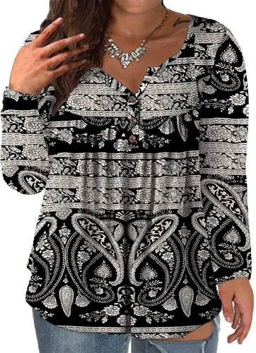 Vista 19 de VISLILY - Camisas tipo túnica de mujer, de manga larga, estilo Henley, talla plus, blusas con botones y plisadas 01_ negro
