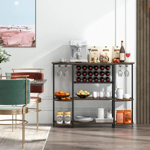 Vista 2 de LOKO Mesa de estante para vinos, gabinete industrial de bar de vino de 47 pulgadas con estante para vino y soportes para vidrio, gabinete