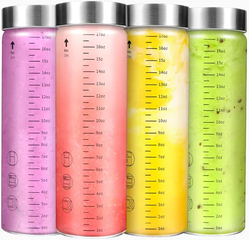 Vista 11 de Botellas de vidrio para jugo con tapas, botellas de agua de vidrio de boca ancha de 6 onzas para jugos, proteínas, batidos, leche, tapas de acero