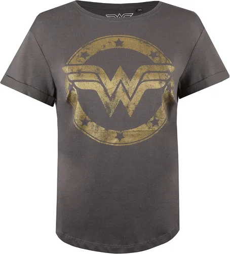 Vista 2 de Popfunk Camiseta clásica de moda de manga enrollada con logotipo metálico de Wonder Woman