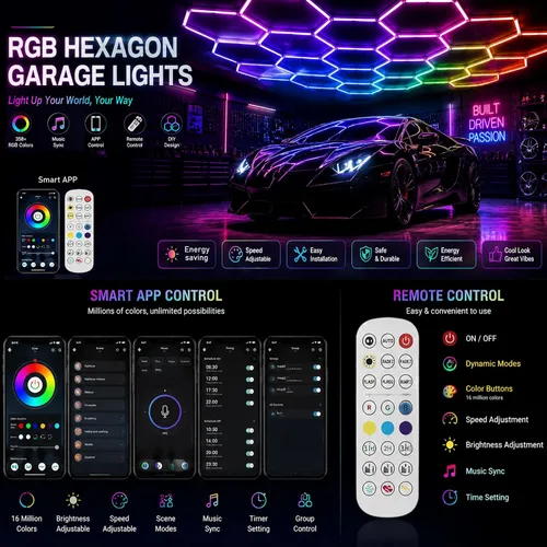 Vista 4 de 25Pack RGB Hexagon Lights,Music Sync 5Hex LED Hexagon Lights,RGB 358 Kinds of Changes Dimmable Speed-Adjustable DIY Color-Changing Lights Smart App