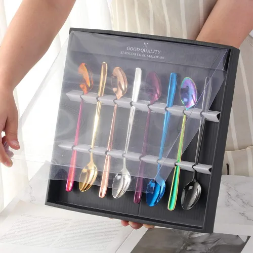 Vista 2 de Buyer Star Juego de 8 cucharas coloridas de mango largo de 7.87 pulgadas, juego de cucharas de té de hielo multicolor de acero inoxidable 18/10