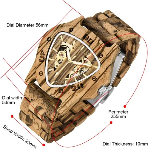 Vista 4 de Dentily Reloj de madera para hombre, triángulo, esqueleto automático, reloj mecánico de madera para hombre