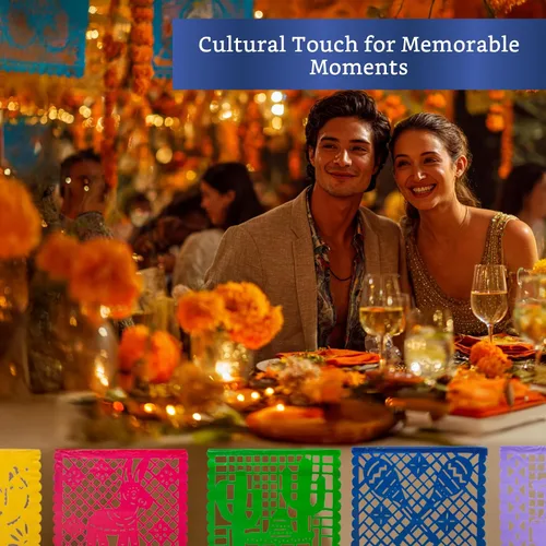 Vista 9 de Pancartas de fiesta mexicana (paquete de 5 con 10 banderas de plástico por bandera), papel picado mexicano para fiesta, papel picado de plástico