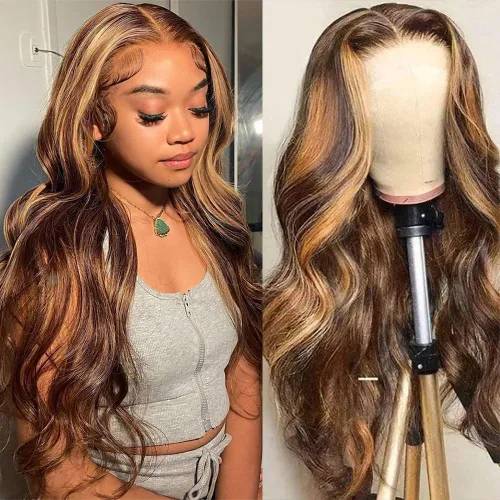 Vista 28 de Pelucas de encaje frontal de 13x4 Highlight Ombre de cabello humano ondulado 4/27 color rubio miel 9A sin pegamento HD encaje frontal transparente