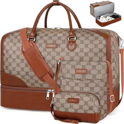 Vista 17 de Bolsa de fin de semana para mujer, bolsa de viaje de nailon, con compartimento para zapatos, tamaño grande 1-beige