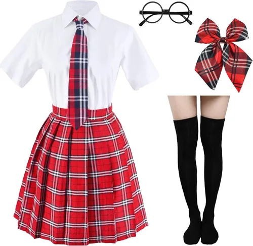 Vista 10 de Uniforme escolar japonés de tartán con falda plisada para cosplay con calcetines y set de montura de gafas