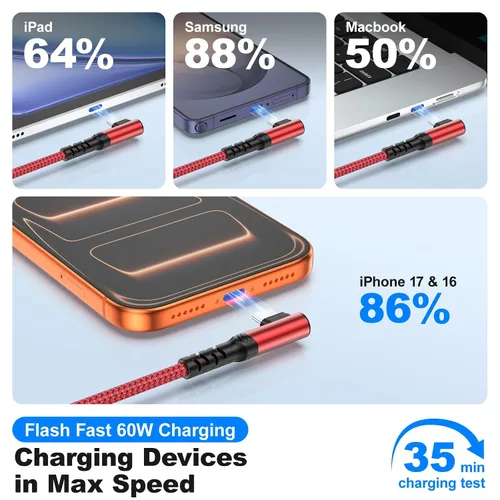 Vista 2 de Cable corto USB C a USB C de 60 W (1 pie, paquete de 3), cable USB-C trenzado de nailon de carga rápida en ángulo recto, cable de carga C de 90 Rojo