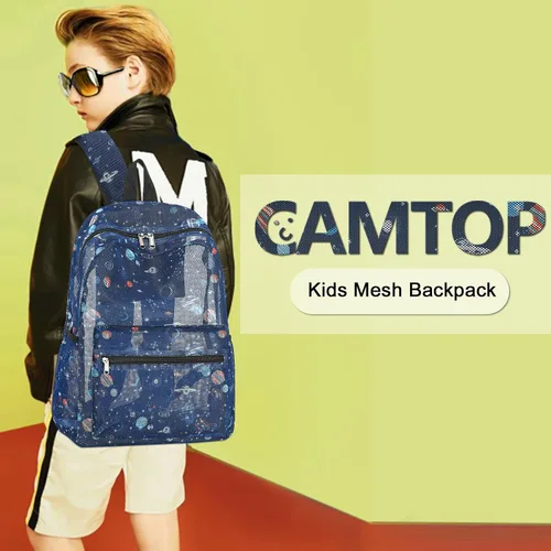 Vista 3 de CAMTOP Mochila de malla para niños y niñas, mochila transparente para preescolar, mochila casual para escuela, playa, viajes, deportes, Azul
