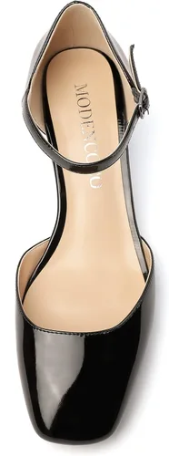Vista 3 de MODENCOCO Zapatos de tacón bajo grueso con hebilla recortada para mujer, con correa en el tobillo, puntera cuadrada, 2 pulgadas