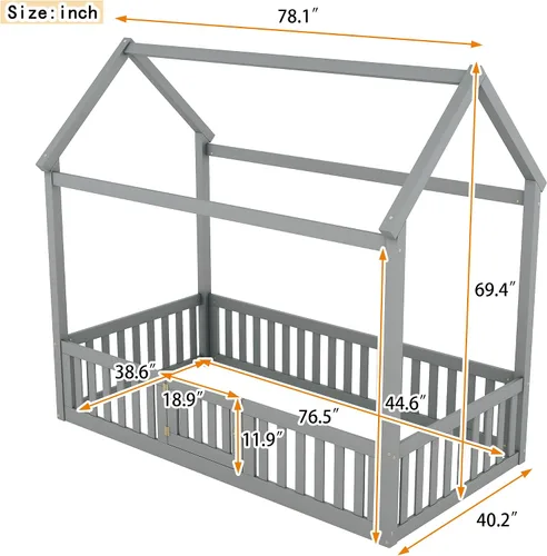 Vista 2 de Bellemave Cama Montessori de tamaño individual para niños, camas de piso de madera con barandillas de valla y puerta, cama individual para niños