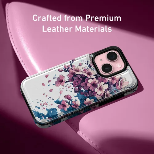 Vista 4 de FUNMIKO Funda tipo cartera para iPhone 15 con tarjetero + clip para efectivo, bloqueo RFID, protección contra caídas de grado militar y obras