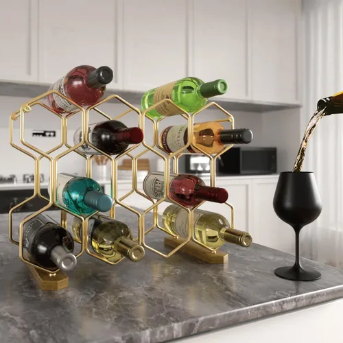 Vista 6 de Buruis Estante de vino para encimera, soporte para vino de 14 botellas con Dorado