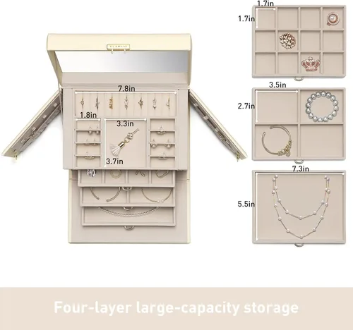 Vista 4 de Vlando Joyero de terciopelo para mujer, caja organizadora grande de cuero con cerradura, espejo, 3 cajones para collar, anillo y aretes, regalo