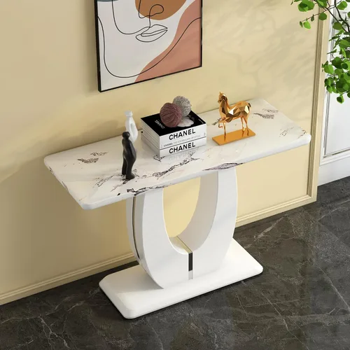 Vista 7 de Elegante mesa consola de mármol blanco, mesa rectangular estrecha de 47 pulgadas, mesa de comedor de entrada de mármol sintético de mediados