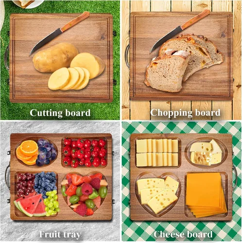 Vista 4 de Double Side Acacia Wood Serving Tray, Serving Platters and Trays, Charcuterie Boards Wooden Tray with Vintage Metal Handles, Wooden Cutting Boards