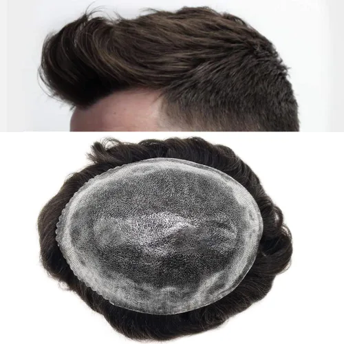Vista 245 de Toupee para hombre 100% cabello humano real tupé para hombres 0.004 in piel de poliuretano para hombre, sistema de reemplazo de piezas de pelo