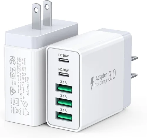 Vista 12 de Paquete de 2 Bloques Cargadores de Pared USB C, 60W Bloque de Carga Rápida C de 5 Puertos Adaptador de Corriente PD + QC 3.0 Cargador Cubo