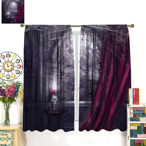 Vista 3 de Cortinas opacas góticas, diseño de calavera de terror de palacio retro, fondo de rosas rojas, sala de estar, dormitorio, cocina, cortinas de ventana
