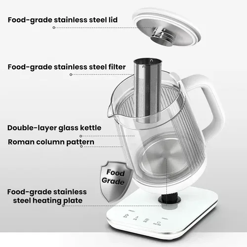 Vista 6 de Hervidor eléctrico de doble capa de 1,5 L con olla de estofado, olla de cristal para la salud, máquina de té de vidrio 9 en 1, panel táctil