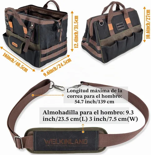 Vista 8 de WELKINLAND Bolsa de herramientas de lona encerada de 32 bolsillos, bolsa de herramientas HVAC de 16 pulgadas para hombres