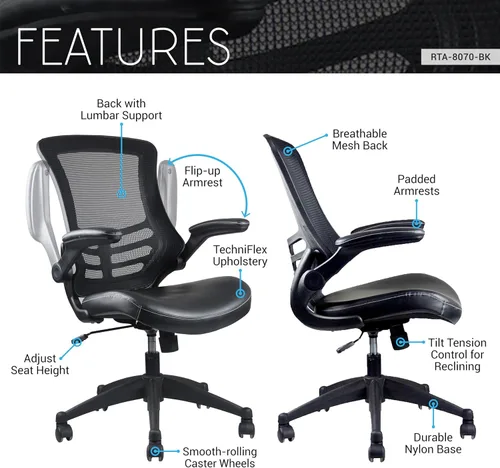 Vista 4 de Elegante silla de oficina de malla con respaldo medio con brazos ajustables. Color: negro Mid-back desk chair, breathable mesh back, PU leather
