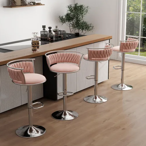 Vista 32 de Juego de 2 taburetes de bar giratorios de 360°, silla de bar de terciopelo ajustable a altura de mostrador moderna, taburete de metal plateado