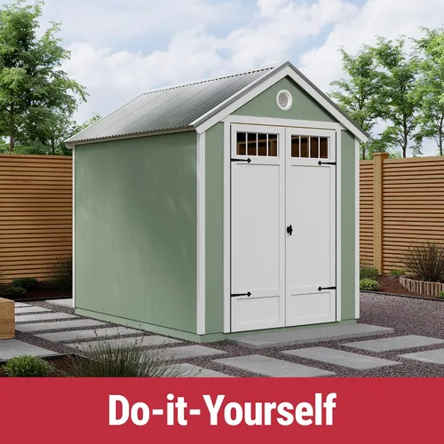 Vista 2 de Handy Home Products Cobertizo de jardín de 6 x 8 pulgadas, cobertizo de almacenamiento de madera con techo de metal, no incluye kit de suelo ni