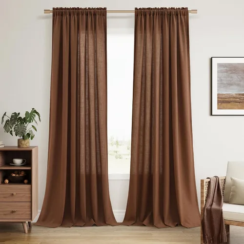 Vista 74 de Cortinas de lino verde aguamarina de 84 pulgadas de largo, juego de 2 paneles semitransparentes con bolsillo para barra para comedor, decoración