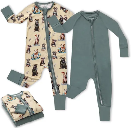 Vista 14 de Pijama de viscosa de bambú con cremallera de 2 vías para cambio de pañal, 0 a 24 meses, suave y elástico, paquete de 2 Oso azul